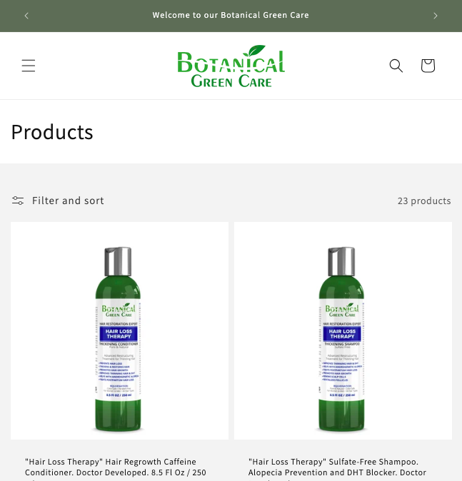 Botanical Green Care Shopify product catalog